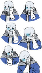  1boy 1other 2020 2d affectionate blue_jacket closed_eyes cropped_torso digital_media disembodied_hand drawstring grey_hood hand_on_another&#039;s_cheek hollow_eyes hood hood_down hooded_jacket humanoid jacket kiss kiss_on_hand male male_focus male_only mmhinman monster monster_boy open_clothes open_jacket pov pov_hands sans_(undertale) sequential shirt simple_background skeleton solo_focus teeth undead undertale utdr_(toby_fox) white_background white_shirt wrist_grab 