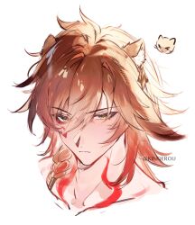  1boy absurdres blonde_hair braid commentary english_commentary facial_tattoo gradient_hair highres honkai:_star_rail honkai_(series) kinoerou male_focus medium_hair multicolored_hair mydei_(honkai:_star_rail) neck_tattoo red_hair red_tattoo side_braid solo tattoo twitter_username yellow_eyes 