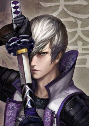  1boy black_gloves blue_eyes closed_mouth commentary_request drawing_sword eyelashes gloves hair_over_one_eye holding holding_sword holding_weapon ishida_mitsunari_(sengoku_basara) kdash looking_at_viewer male_focus sengoku_basara short_hair solo sword translation_request upper_body weapon 