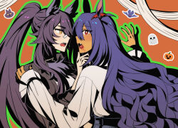  2girls alternate_costume animal_ear_fluff animal_ears bandaid bandaid_on_face bandaid_on_nose bat_(animal) bat_hair_ornament belt black_hair black_jacket black_nails blood blood_from_mouth blue_pants blunt_ends bright_pupils collared_shirt commentary_request eyes_visible_through_hair fang frilled_sleeves frills ghost green_outline hair_between_eyes hair_ornament halloween halloween_costume hand_on_another's_chin hand_on_another's_shoulder high-waist_pants highres hishi_amazon_(umamusume) horse_ears hwipa_(param_blue) interracial jack-o'-lantern jacket korean_commentary leather leather_jacket light_blush long_hair long_hair_between_eyes long_sidelocks long_sleeves looking_at_another multiple_girls nail_polish narita_brian_(apoyando_of_the_roar)_(umamusume) narita_brian_(umamusume) official_alternate_costume open_mouth orange_background outline pants pointy_nose puffy_long_sleeves puffy_sleeves purple_hair red_eyes shirt sidelocks sleeves_past_wrists teeth umamusume upper_body upper_teeth_only vampire very_long_hair wavy_hair werewolf_costume white_pupils white_shirt wolf yellow_eyes yuri 