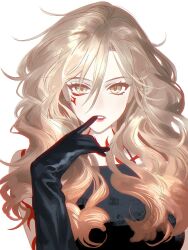  1girl arm_tattoo black_dress black_gloves blonde_hair braid breasts commentary dress facial_tattoo genderswap genderswap_(mtf) gloves gradient_hair highres honkai:_star_rail honkai_(series) long_hair looking_at_viewer medium_breasts multicolored_hair mydei_(honkai:_star_rail) neck_tattoo red_hair red_tattoo side_braid sleeveless sleeveless_dress solo symbol-only_commentary tattoo yellow_eyes yigenzhen26389 