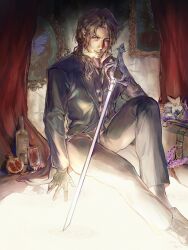  1boy black_coat black_gloves black_vest bottle brown_hair coat collared_shirt curtains flower food fruit full_body gloves glowing grape_hyacinth gregor_(project_moon) highres holding holding_polearm holding_weapon knee_up lance lily_(flower) limbus_company looking_at_viewer low_ponytail male_focus official_alternate_costume polearm pomegranate ponytail project_moon qilin1689 shirt short_hair sitting solo underlighting vest weapon white_shirt wine_bottle wuthering_heights_(identity)_(project_moon) 