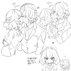  1boy 1girl ? ?? absurdres arms_at_sides arms_behind_back arrow_(symbol) bead_necklace beads blush bow bowtie bracelet braid closed_eyes couple crescent crescent_hair_ornament cropped_torso curtained_hair dress embarrassed eyelashes facing_another flying_sweatdrops formal_clothes genshin_impact gloves greyscale hair_intakes hair_ornament hair_over_one_eye hair_tie half-closed_eyes half_up_braid hand_on_another&#039;s_shoulder hetero highres ikasarumonn jacket jewelry kiss kissing_cheek long_sleeves looking_at_another looking_down low_ponytail monochrome necklace necktie ponytail rerir_(genshin_impact) sequential shirt short_hair short_ponytail short_sleeves shoulder_blades spot_color squinting suit suit_jacket tholindis_(genshin_impact) translation_request undershirt white_background 