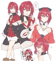  1girl :d ange_katrina ange_katrina_(1st_costume) ange_katrina_(2nd_costume) armpit_crease bare_shoulders black_bow black_coat blue_eyes blush bow cardigan closed_mouth coat collared_dress collared_halterneck commentary_request dress gold_necklace gradient_eyes hair_between_eyes hair_bow hair_intakes halter_shirt halterneck jacket jewelry long_bangs long_sleeves looking_at_viewer medium_hair mitsumine_(ookami_no_oyashiro) multicolored_eyes multiple_views necklace nijisanji no_pupils notice_lines off_shoulder one_eye_closed open_mouth red_cardigan red_hair red_jacket shirt short_dress simple_background sleeveless sleeveless_shirt smile speech_bubble teeth translation_request upper_teeth_only violet_eyes virtual_youtuber white_background white_dress white_shirt wink_star 