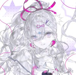  1girl absurdres blunt_bangs bow earrings frills hair_ornament hair_ribbon hairclip heilanshuimuchu high_ponytail highres jewelry long_hair looking_at_viewer original pink_ribbon ponytail ribbon smile solo upper_body violet_eyes white_hair 