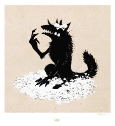  bow brown_background commentary flower full_body hand_up liar_princess liar_princess_(wolf_form) monster nagabe no_humans original simple_background sitting solo symbol-only_commentary usotsuki_hime_to_moumoku_ouji 