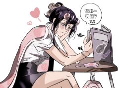  1girl black_necktie black_skirt blanket blue_eyes book busuttt chainsaw_man closed_mouth crossed_legs desk food_print fruit_print hair_bun hair_curl hand_on_own_cheek hand_on_own_face heart highres necktie purple_hair reze_(chainsaw_man) shirt shirt_tucked_in sitting skirt solo speech_bubble strawberry_print white_background white_shirt 