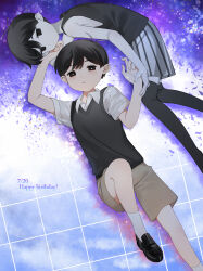  2boys absurdres ankle_socks antenna_hair arm_up bare_arms bare_shoulders black_eyes black_hair black_shoes black_shorts black_sweater_vest black_tank_top black_thighhighs bright_pupils brown_shorts closed_mouth collared_shirt colored_skin dated double-parted_bangs dual_persona empty_eyes expressionless feet_out_of_frame fingernails foot_out_of_frame hair_behind_ear hair_between_eyes hand_on_another&#039;s_cheek hand_on_another&#039;s_face hand_on_another&#039;s_wrist happy_birthday hato_popo_37 highres knee_up light_particles loafers looking_at_viewer lying male_focus multiple_boys no_pupils omori omori_(omori) on_back on_side over-kneehighs parted_lips purple_background shirt shoes short_hair short_sleeves shorts simple_background socks sparkle striped_clothes striped_shorts sunny_(omori) sweater_vest tank_top thigh-highs tile_floor tiles two-tone_shorts vertical-striped_clothes vertical-striped_shorts very_short_hair white_background white_pupils white_shorts white_skin white_socks 