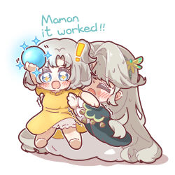  ! +_+ 2girls :d aged_down arm_up armpit_hug ball barefoot beryl_bouanich black_cloak bloomers blue_eyes blush carrying carrying_person chibi cloak closed_eyes clothes_lift crystal_ball dragonfly_hair_ornament dress dress_lift english_text grey_hair highres holding holding_ball long_hair matilda_bouanich medium_hair mother_and_daughter multiple_girls nijiiro_diary one_side_up reverse:1999 short_sleeves smile sparkle sweat trembling white_background white_bloomers white_dress wind wind_lift yellow_dress 