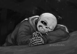  1boy 2025 2d arm_rest artist_name black_background commentary digital_media english_commentary english_text greyscale heart-shaped_pupils hollow_eyes hood hood_down hooded_jacket humanoid jacket looking_at_viewer male male_focus male_only mewpet monochrome monster monster_boy one_eye_closed sans_(undertale) simple_background skeleton solo symbol-shaped_pupils teeth text undead undertale utdr_(toby_fox) 