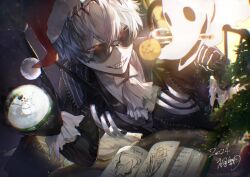  1boy black_crown crown diamond_hairband gloves iknowamaimono jacket long_sleeves looking_at_viewer male_focus missing_tooth pinstripe_jacket pinstripe_pattern pinstripe_suit pinstripe_vest round_eyewear short_hair skeleton_print skully_j._graves smile striped_clothes striped_jacket striped_vest suit sunglasses the_nightmare_before_christmas twisted_wonderland vertical-striped_clothes vertical-striped_vest vest white_hair zero_(nbc) 