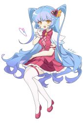 1girl :3 :d blue_hair bow bowtie breasts brooch commentary cross-laced_clothes cross-laced_top fang frilled_gloves frilled_skirt frills full_body garter_straps gloves hair_ornament hand_up heart heart_hair_ornament highres ifudyci invisible_chair jewelry layered_skirt lobotomy_corporation long_hair looking_at_viewer medium_breasts open_mouth pink_bow pink_bowtie pink_nails pink_shoes pink_skirt pink_vest project_moon queen_of_hatred shoes simple_background single_glove sitting skin_fang skirt smile solo striped_clothes striped_skirt symbol-only_commentary thigh-highs twintails twitter_username two_side_up vertical-striped_clothes vertical-striped_skirt very_long_hair vest wavy_hair white_background white_gloves white_thighhighs yellow_eyes