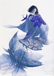  1girl absurdres animal_print artist_logo bird bird_print bob_cut closed_eyes closed_mouth crane_(animal) eyelashes eyeshadow floating_hair floral_print floral_print_kimono flower food from_side full_body highres japanese_clothes kimono logo lotus lotus_print makeup original parted_bangs print_kimono red_eyeshadow shiguretau short_hair simple_background solo standing turning_head twitter_username wide_sleeves 