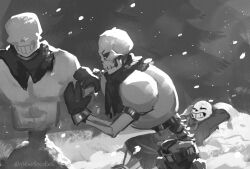  2025 2boys 2d armor artist_name black_shorts brothers building_snowman cape closed_eyes commentary digital_media duo english_commentary gloves greyscale hollow_eyes hood hood_down hooded_jacket humanoid inktober jacket lying male male_focus male_only mewpet monochrome monster monster_boy multiple_boys open_clothes open_jacket outdoors papyrus_(undertale) sans_(undertale) shirt shorts siblings single_vertical_stripe skeleton snow snowing snowman solo_focus striped_shorts teeth undead undertale utdr_(toby_fox) vertical-striped_clothes vertical-striped_shorts white_shirt white_stripes 