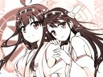  2girls ahoge bare_shoulders detached_sleeves gunp hairband haruna_(kantai_collection) headgear japanese_clothes kantai_collection kongou_(kantai_collection) long_hair looking_at_viewer monochrome multiple_girls open_mouth personification 