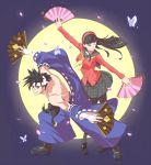  1boy 1girl amagi_yukiko anji_mito black_eyes black_hair black_legwear breasts butterfly cardigan company_connection crossover dual_wielding fan folding_fan full_moon geta glasses guilty_gear hairband hakama headband houndstooth japanese_clothes long_hair moon muscle muumin_(kissling) pantyhose persona persona_4 persona_4:_the_ultimate_in_mayonaka_arena petals pince-nez school_uniform serafuku shirtless short_hair spiky_hair wink 