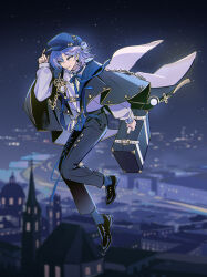  1boy absurdres adjusting_clothes adjusting_headwear attsei black_capelet black_pants black_shoes blue_bow blue_bowtie blue_hair blue_hat blue_socks bow bowtie briefcase building capelet cityscape colored_inner_hair commentary_request gold_trim grey_eyes grin hat highres holding holding_briefcase hoshirube_sho hoshirube_sho_(2nd_costume) jumping looking_to_the_side male_focus multicolored_hair newsboy_cap night night_sky nijisanji outdoors pants purple_hair shirt shoes short_hair sky smile socks solo star_(sky) starry_sky streaked_hair virtual_youtuber white_shirt 