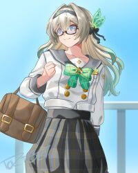  1girl absurdres bag bespectacled black-framed_eyewear black_ribbon blue_sky bow collarbone commentary cowboy_shot day english_commentary firefly_(honkai:_star_rail) firefly_(spring_missive)_(honkai:_star_rail) glasses green_bow grey_hair grey_hairband grey_sailor_collar grey_skirt hair_intakes hair_ribbon hairband highres honkai:_star_rail honkai_(series) official_alternate_costume outdoors plaid_clothes plaid_skirt pleated_skirt ribbon sailor_collar sailor_shirt school_bag shirt skirt sky solo standing torigatrigger violet_eyes white_shirt 