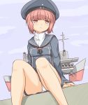  1girl blush clouds hat kantai_collection machinery muroi_(fujisan0410) neckerchief panties pantyshot pantyshot_(sitting) pink_eyes pink_hair sailor_collar sailor_hat short_hair sitting sky solo underwear white_panties z3_max_schultz_(kantai_collection) 