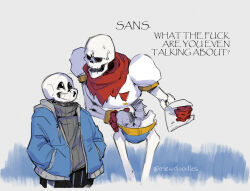  2025 2boys 2d armor artist_name blue_jacket blue_shorts brothers cape comic commentary cowboy_shot digital_media duo english_commentary english_text gloves grey_hood grey_sweater hand_on_own_hip hands_in_pockets height_difference holding holding_paper hood hood_down hooded_jacket humanoid jacket looking_at_another male male_focus male_only mewpet monster monster_boy multiple_boys open_clothes open_jacket paper papyrus_(font) papyrus_(undertale) profanity red_cape red_gloves sans_(undertale) segmented_comic shorts siblings skeleton smile sweater teeth text undead undertale utdr_(toby_fox) white_armor 