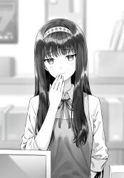  1girl :3 apron blurry blurry_background closed_mouth collared_shirt commentary_request employee_uniform gimai_seikatsu greyscale hairband highres hiten_(hitenkei) long_hair looking_at_viewer monochrome neck_ribbon novel_illustration official_art ribbon second-party_source shirt solo upper_body yomiuri_shiori 