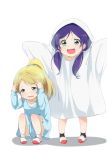  2girls alp ayase_eli bed_sheet blonde_hair blue_eyes blush child ghost_costume green_eyes kindergarten love_live!_school_idol_project multiple_girls open_mouth outstretched_arms ponytail purple_hair scared smile toujou_nozomi twintails young 