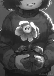  1boy 1other 2025 2d ambiguous_gender artist_name bow brown_hair commentary digital_media duo english_commentary flower flower_focus flower_pot flowey_(undertale) frisk_(undertale) greyscale head_out_of_frame horizontal-striped_clothes human inktober male mewpet monochrome out_of_frame plant potted_plant shirt short_hair shorts solo_focus striped_clothes striped_shirt two-tone_shirt undertale utdr_(toby_fox) 