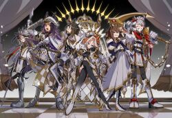  6+girls ahozur_dayo alternate_costume animal_ears black_hair bow brown_eyes brown_hair crossed_legs dream_journey_(umamusume) dress ears_through_headwear fenomeno_(umamusume) fingerless_gloves flipped_hair full_body gloves gold_ship_(umamusume) grey_hat hat highres horse_ears horse_girl horse_tail horseshoe_hat_ornament horseshoe_ornament long_hair long_sleeves looking_at_viewer multicolored_hair multiple_girls nakayama_festa_(umamusume) one_eye_closed orange_hair orfevre_(umamusume) peaked_cap pillbox_hat polearm purple_hair red_eyes scythe sitting sitting_on_throne stay_gold_(umamusume) stay_gold_clan_(umamusume) striped_hat sword tail throne tongue tongue_out umamusume v very_long_hair violet_eyes weapon white_dress white_gloves white_hair 