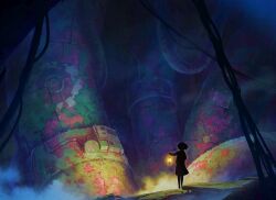  1girl cable commentary_request factory fog full_body highres holding holding_lantern industrial_pipe lantern miso_pan moss original ruins rust scenery shirt short_hair silhouette skirt solo standing 