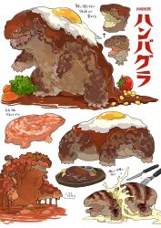  food-themed_creature fork fried_egg hamburger_steak highres knife kumakoro_(tetsupag) no_humans open_mouth original tomato white_background white_eyes 