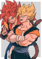  biceps blue_eyes blue_sash body_fur dragon_ball dragon_ball_gt earrings gogeta highres jewelry male_focus metamoran_vest monkey_boy monkey_tail muscular muscular_male no_nipples pants pectorals potara_earrings red_fur red_hair relio_db318 sash simple_background smile spiky_hair super_saiyan super_saiyan_1 super_saiyan_4 tail vegetto veins veiny_hands white_pants 