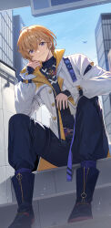 &gt;:) 1boy absurdres aircraft airplane arm_on_knee arm_rest backlighting belt belt_buckle black_boots black_pants black_shirt blonde_hair blue_sky boots buckle building chest_belt closed_mouth commentary_request day elbow_on_knee elbow_rest emduck fura_kanato fura_kanato_(1st_costume) hair_between_eyes head_rest head_tilt highres jacket jet_airliner jewelry long_sleeves looking_at_viewer male_focus multicolored_hair nijisanji o-ring on_stairs open_clothes open_jacket orange_streaks outdoors pants pants_tucked_in pendant popped_collar purple_belt shirt short_hair single_hair_streak sitting sitting_on_stairs sky skyscraper sleeve_garter sleeves_past_wrists smile snap-fit_buckle solo stairs streaked_hair thigh_strap tiles turtleneck turtleneck_shirt two-sided_fabric two-sided_jacket unzipped v-shaped_eyebrows violet_eyes virtual_youtuber white_jacket zipper zipper_footwear zipper_pull_tab 