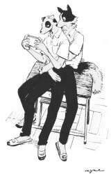  2boys body_fur cellphone commentary_request desk dog_boy full_body furry furry_male greyscale male_focus monochrome multiple_boys nagabe on_desk original phone school_desk school_uniform shirt simple_background sitting sitting_on_lap sitting_on_person smartphone tail white_background 