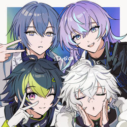  4boys :o ahoge attsei black_gloves black_jacket blue_background blue_eyes blue_hair border closed_eyes closed_mouth colored_inner_hair commentary_request dytica_(nijisanji) earrings gloves gradient_background green_background green_eyes green_hair highres hoshirube_sho hoshirube_sho_(1st_costume) inami_rai inami_rai_(1st_costume) jacket jewelry koyanagi_rou koyanagi_rou_(1st_costume) long_hair looking_at_viewer male_focus multicolored_eyes multicolored_hair multiple_boys murakumo_kagetsu murakumo_kagetsu_(1st_costume) nijisanji one_eye_closed open_mouth pink_eyes purple_background purple_hair short_hair single_earring smile streaked_hair two-tone_eyes upper_body v v_over_eye virtual_youtuber white_gloves white_hair white_jacket yellow_eyes 