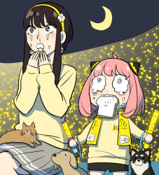  2girls :&gt; @_@ adoptive_parent_and_adoptive_child anya_(spy_x_family) black_hair black_shorts bread bread_slice commentary_request crescent_moon crying dog earrings endou_tatsuya food glowstick grey_skirt hairband hairpods hashtag-only_commentary highres holding holding_glowstick jewelry miniskirt moon mother_and_daughter mouth_hold multiple_girls pink_hair pleated_skirt shorts sitting skirt spy_x_family sweater tears wavy_eyes yellow_hairband yellow_sweater yor_briar 