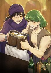  2boys bare_shoulders beer_mug belt black_hair blush bottle bracelet brown_vest cape cloak closed_eyes collarbone commentary_request cup ddmrhm dragon_quest dragon_quest_v facing_another friends green_hair henry_(dq5) hero_(dq5) highres holding holding_cup jewelry long_hair low_ponytail male_focus medium_hair mug multiple_boys open_clothes open_mouth open_vest pectorals ponytail purple_cape purple_cloak purple_turban vest white_turban 