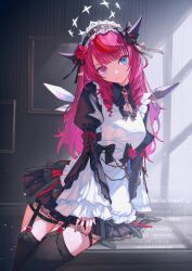  1girl apron black_bow black_dress black_thighhighs blue_eyes blunt_bangs bow breasts brooch closed_mouth commentary crystal_wings cup detached_collar detached_wings dress dress_bow drill_hair drill_sidelocks fingernails flower frilled_apron frilled_dress frills garter_straps hair_bow hairband halo heterochromia highres hololive hololive_english horns irys_(hololive) irys_(maid)_(hololive) jewelry juliet_sleeves layered_sleeves lolita_hairband long_hair long_sleeves looking_at_viewer maid maid_apron multicolored_hair nail_polish official_alternate_costume official_alternate_hairstyle pink_nails pointy_ears puffy_sleeves red_flower red_hair red_rose rose sidelocks solo star_halo streaked_hair thigh-highs thigh_strap violet_eyes virtual_youtuber waist_bow watermark white_apron wide_sleeves wings xyunx 