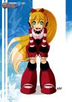  1girl blonde_hair boots call_(mighty_no._9) copyright_name dress green_eyes hands_on_thighs khaliqa knee_boots leaning_forward long_hair mighty_no._9 multicolored_eyes ponytail robot robot_ears signature smile solo striped_sleeves very_long_hair 
