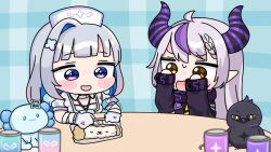  2girls :d ahoge amane_kanata amane_kanata_(nurse) anger_vein armband bandaged_arm bandages black_dress blue_background blue_hair blush_stickers braid braided_bangs brown_eyes crow_(la+_darknesss) cup demon_horns dress drinking_glass gloves green_eyes grey_hair hands_up hat highres hololive horns la+_darknesss la+_darknesss_(1st_costume) long_hair long_sleeves mochimiko multicolored_hair multiple_girls nurse nurse_cap plaid_background pointy_ears purple_hair single_hair_intake smile streaked_hair table trembling two-tone_hair very_long_hair violet_eyes virtual_youtuber white_dress white_gloves white_hat 