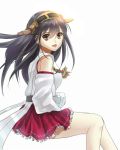  1girl bare_shoulders black_hair blush brown_eyes detached_sleeves eko hairband haruna_(kantai_collection) japanese_clothes kantai_collection long_hair looking_at_viewer open_mouth personification skirt smile solo 