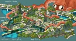  1boy abandoned absurdres animal arrow_(symbol) bridge brown_hat building commentary_request dilapidated escalator floor hat highres octopus original overgrown oversized_animal post-apocalypse road rust shirt sitting solo stairs tokyogenso train translation_request water white_shirt 