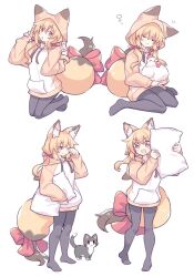  1girl :3 :d animal_ear_fluff animal_ears animal_hood bird black_pantyhose blonde_hair blush bow cat chicken closed_eyes closed_mouth fox_ears fox_girl fox_hood fox_tail full_body hair_between_eyes hair_bow holding holding_pillow hood hood_up hoodie long_hair looking_at_viewer low_twintails multiple_views no_shoes one_eye_closed open_mouth original pantyhose pillow red_bow red_eyes simple_background sitting smile squeans standing suzuno_(suzuno3110) tail twintails white_background white_hoodie 