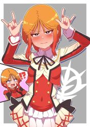  !? 1girl \m/ absurdres alternate_costume blush boots border bow breasts covered_navel cowboy_shot gloves grey_background gundam gundam_zz highres looking_at_viewer mecha_pilot_suit military_uniform neo_zeon normal_suit_(gundam) onimaru_(onimal7802) orange_hair puru_two red_boots red_gloves science_fiction short_hair small_breasts standing upper_body white_border 