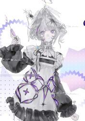  1girl bandaid blunt_bangs cowboy_shot dress frilled_dress frilled_sleeves frills grey_hair hair_intakes hat heilanshuimuchu highres holding holding_syringe long_sleeves nurse_cap original puffy_long_sleeves puffy_sleeves ribbon short_hair simple_background solo syringe violet_eyes white_background white_dress 