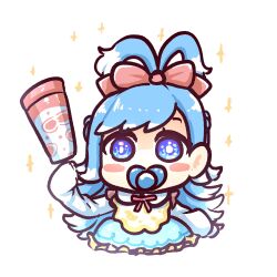  1girl aged_down antenna_hair aqua_dress aqua_hair baby bib blue_eyes blush_stickers bow dress frilled_dress frills hair_bow highres holding holding_rattle hololive hololive_indonesia kobo_kanaeru liquid_hair long_hair looking_at_viewer pacifier pink_bow rattle shiny_eyes simple_background sleeves_past_fingers sleeves_past_wrists solo sparkle virtual_youtuber white_background zetta_05 
