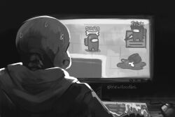  1boy 2025 2d among_us artist_name at_computer commentary computer crewmate_(among_us) digital_media english_commentary from_behind greyscale hood hood_down hooded_jacket humanoid impostor_(among_us) inktober jacket male male_focus male_only mewpet monochrome monster monster_boy playing_games sans_(undertale) skeleton sweat teeth undead undertale utdr_(toby_fox) 
