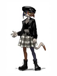  bad_link belt beret black_belt black_jacket boots calico_(pattern) calico_cat fish_skeleton fishnet_thighhighs fishnets fortnite goth_fashion hat highres jacket lace-up_boots meow_skulls plaid_clothes plaid_skirt skirt skull_ornament thigh-highs 