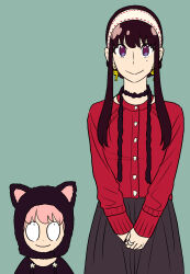  2girls :&gt; absurdres adoptive_parent_and_adoptive_child animal_ears anya_(spy_x_family) black_hair black_nails black_skirt blue_eyes earrings endou_tatsuya fake_animal_ears hairband hat highres jewelry mole mole_under_eye mother_and_daughter multiple_girls pink_hair red_shirt ring shirt sidelocks skirt sleeves_past_wrists spy_x_family white_hairband yor_briar 