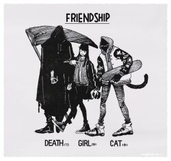  1other 2girls baseball_cap boots cat_girl cloak commentary_request death_(entity) english_text full_body furry furry_female grey_background greyscale grim_reaper hat holding holding_scythe holding_skateboard hood hood_up jacket letterman_jacket monochrome multiple_girls nagabe original scythe shoes simple_background skateboard skeleton sneakers tail walking 