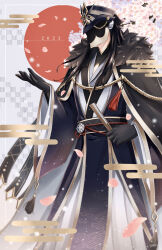  1boy 2023 absurdres arm_up armor black_cape black_fur black_gloves black_hair black_helmet cape capitano_(genshin_impact) cherry_blossoms clothing_request commentary_request folding_fan fur-trimmed_cape fur_trim genshin_impact gloves gold_trim grid_background hand_fan helmet highres holding holding_fan japanese_clothes long_hair long_sleeves male_focus solo standing uouzzz wide_sleeves 